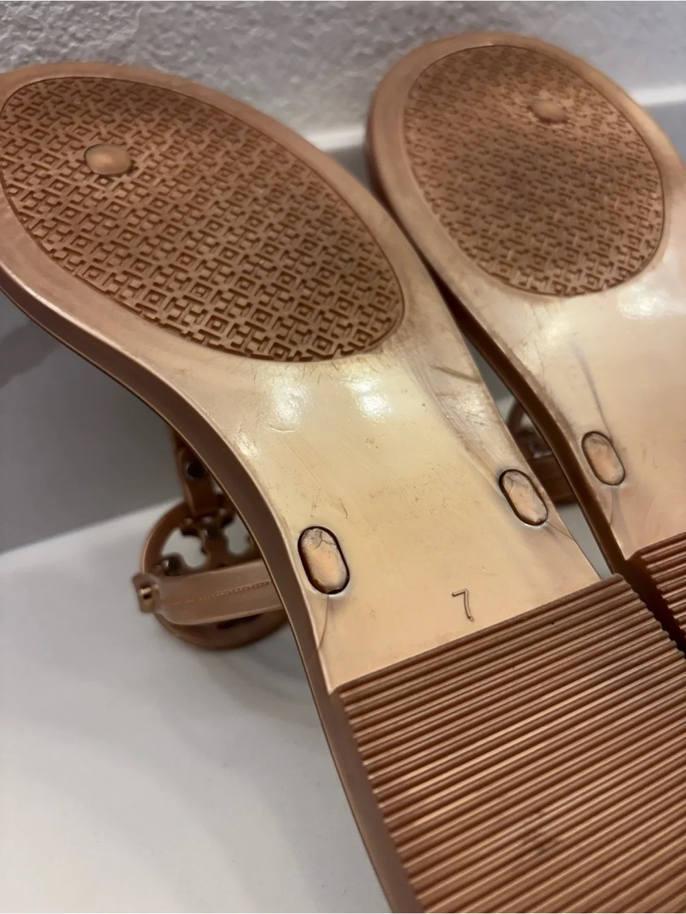 Tory Burch Metallic Bronze Jelly Logo Thong Sandals